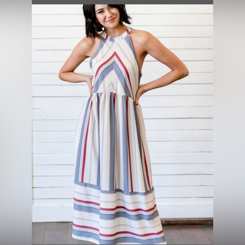Chic Striped Midi Dress in Red and Blue